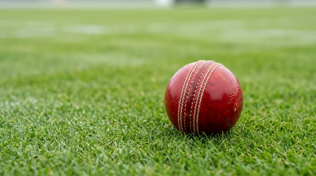 Cricket-Ball auf dem Gras des Outfields mit sichtbaren Nähten