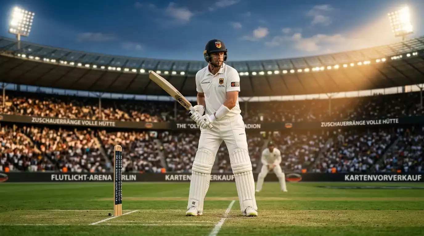 Batsman im Cricket-Stadion unter Flutlichtbeleuchtung