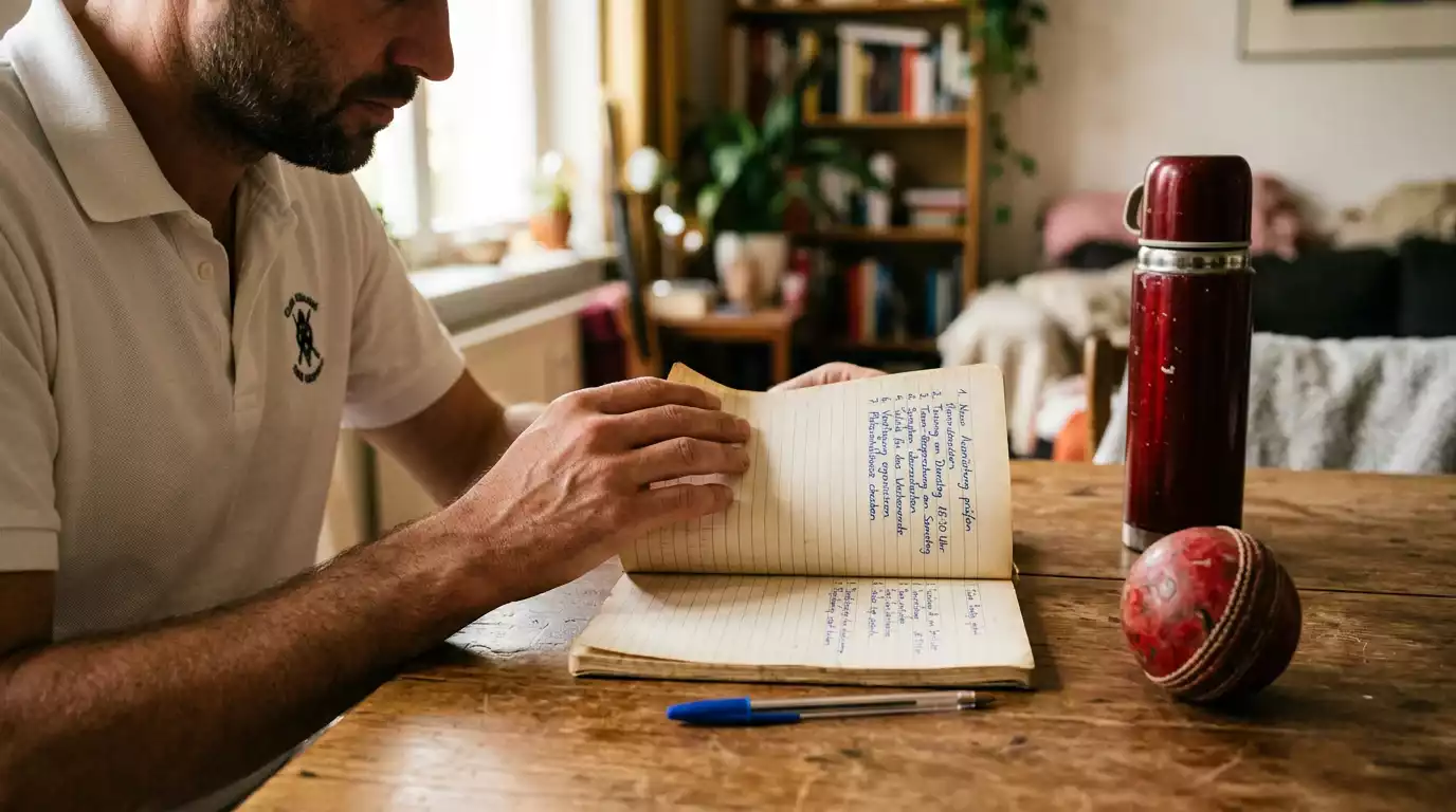 Person in Cricket-Trikot beim Durchgehen einer handschriftlichen Notiz vor dem Wettabschluss