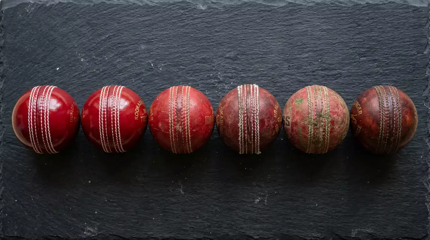 Sechs Cricket-Bälle in unterschiedlichen Zuständen als visuelle Metapher für unterschiedliche Cricket-Bonustypen