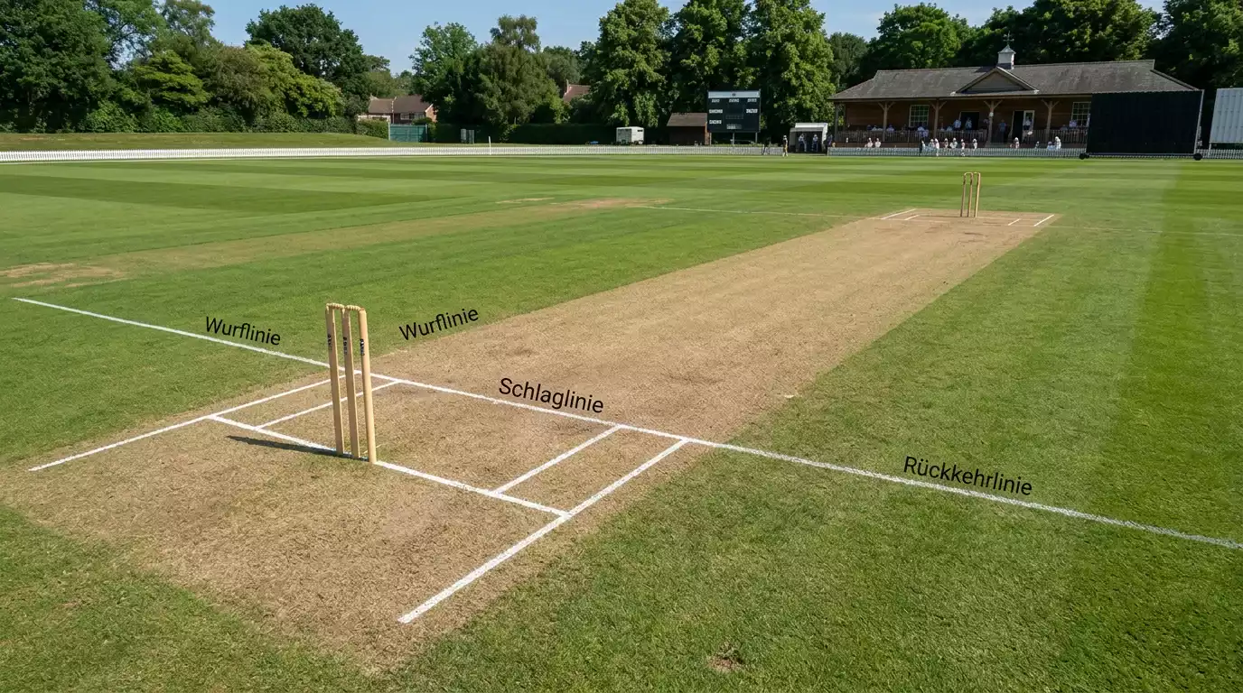 Luftaufnahme eines Cricket-Pitches mit markierten Crease-Linien.