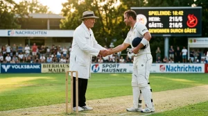 Handschlag der Umpires nach einem Cricket-Spiel als Symbol für Fairplay