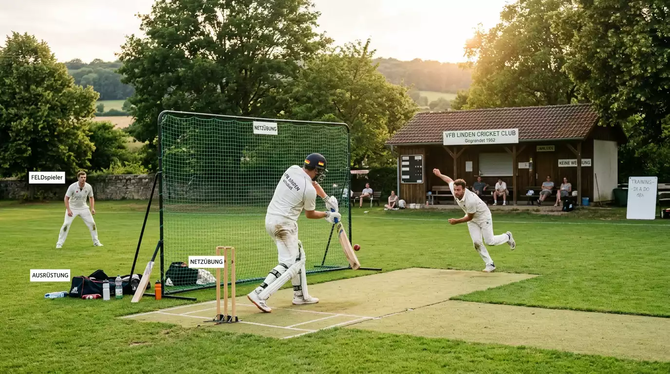 Cricket-Spieler im Trainingsanzug auf einer deutschen Vereinsanlage bei sommerlichem Licht