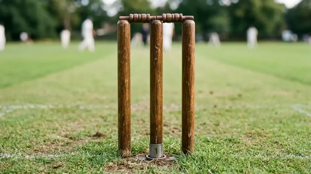 Nahaufnahme von Cricket-Wickets und Bails auf dem Spielfeld