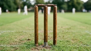 Nahaufnahme von Cricket-Wickets und Bails auf dem Spielfeld