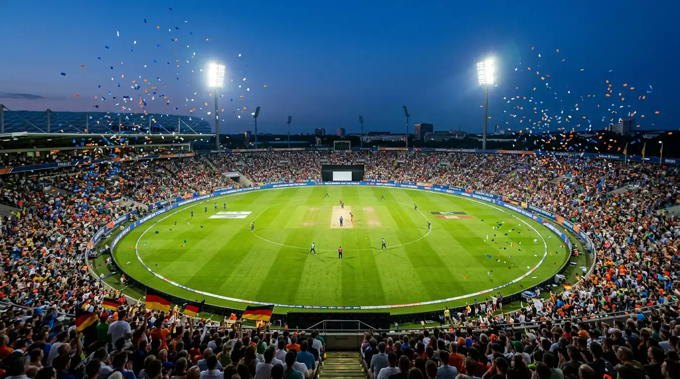 Cricket-Stadion bei einem T20-Finale mit voller Tribüne und Flutlicht über dem grünen Spielfeld
